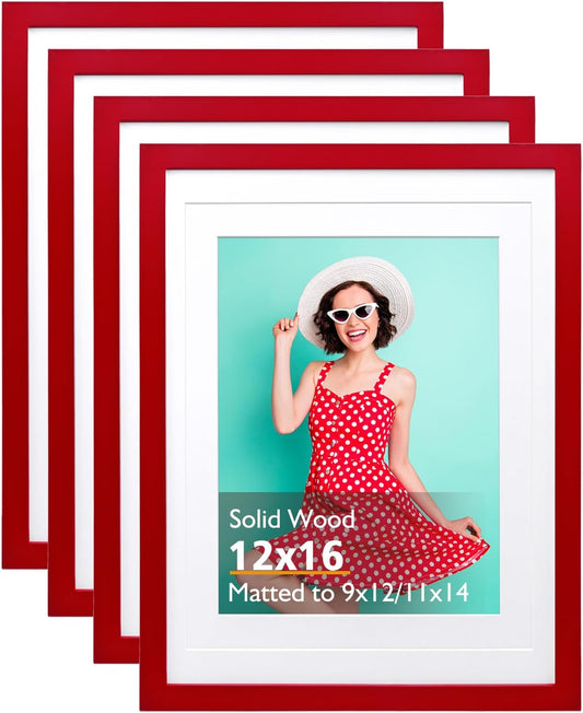 KINLINK 12x16 Picture Frame Red, Solid Wood Frames with Acrylic Plexiglass for Pictures 11x14/9x12 with Mat or 12x16 without Mat, Wall Display Photo Frame, Set of 4