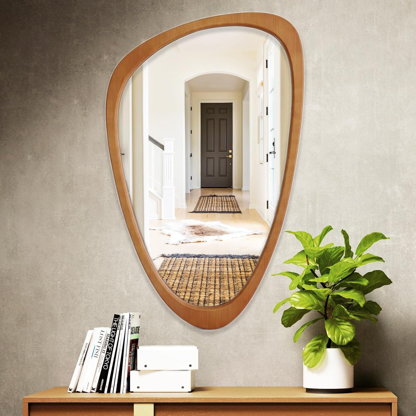 HOMECOOKIN Asymmetrical Mirror Wood, 19.5" x 30.5" Irregular Wall Mirror Wood Framed Mirror Decor for Bathroom Living Room Bedroom Entryway