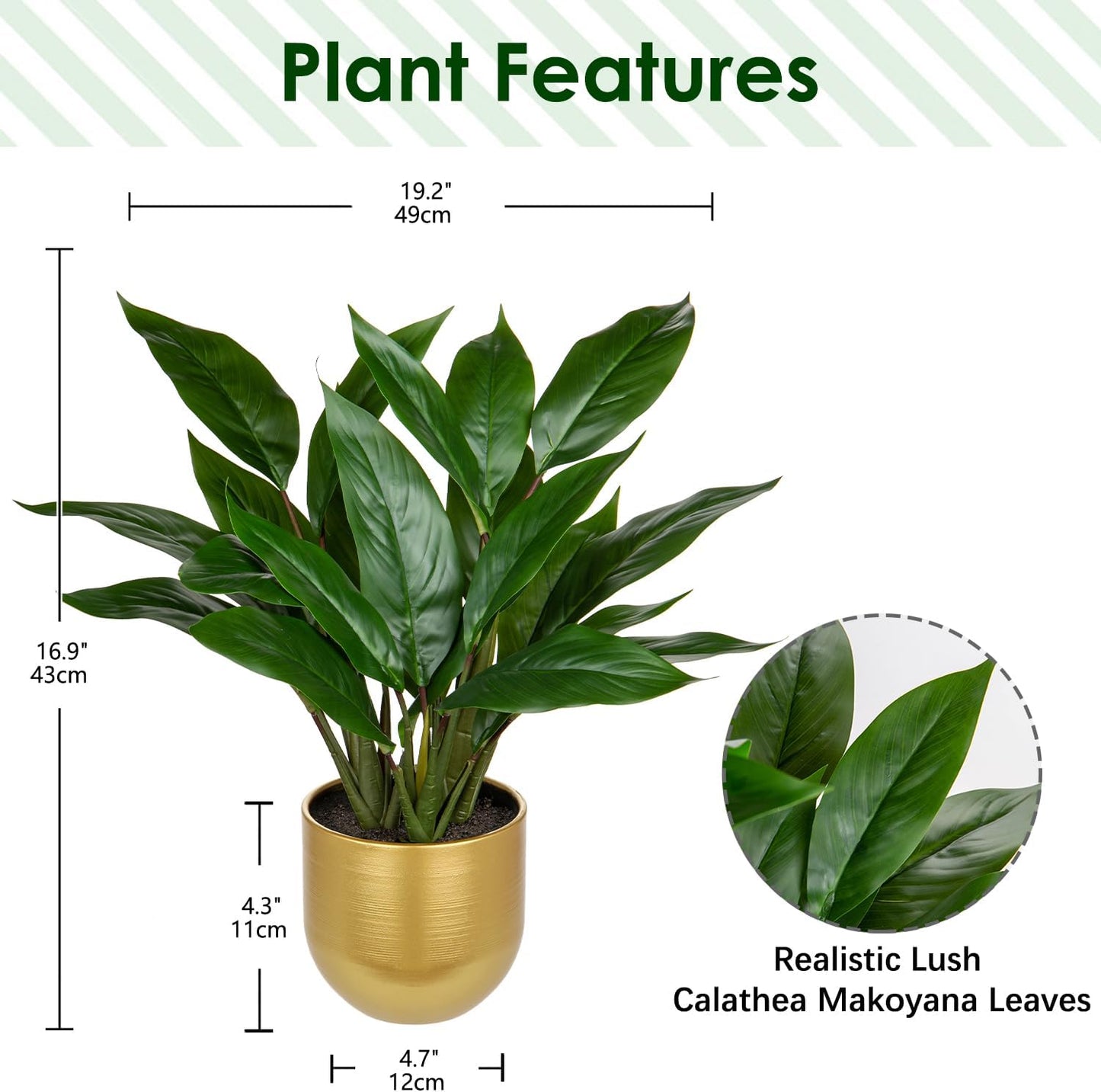 Fake Plants 17'' Faux Plants Artificial Potted Plants Indoor Realistic Fake Cast Iron Plant Artificial Plants with Gold Pot for Home Office Farmhouse Kitchen Bathroom Table Shelf Decor