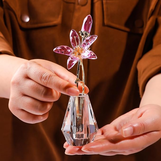 LONGWIN Crystal Artifical Tiger Lily Flowers with Vase - Pink Crystal Collectible Figurines Decorative Blooming Lily Flower for Home and Wedding