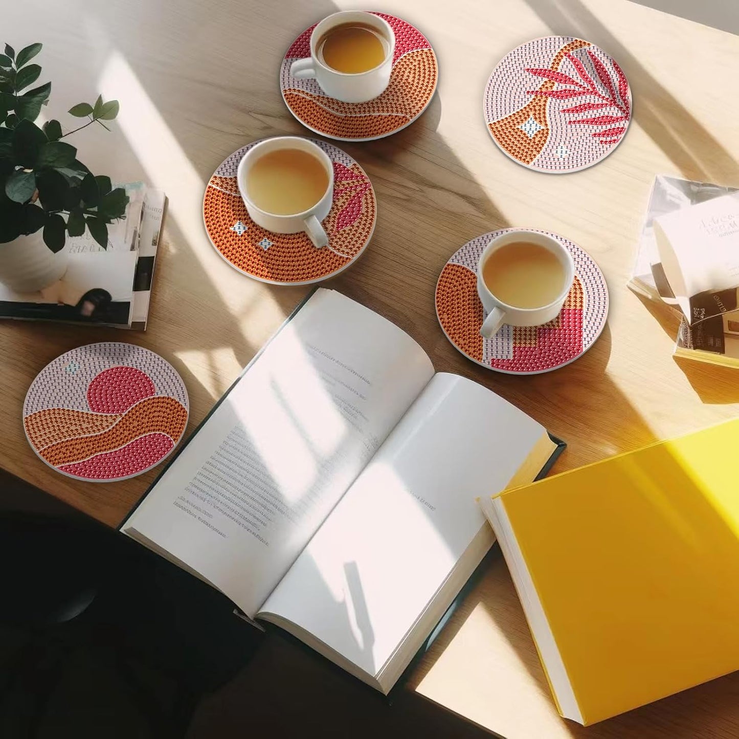 Generic 6 Pcs Pink Boho Diamond Art Coasters, DIY Coaster Kit for Adults