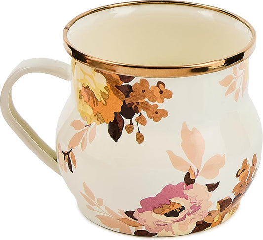 MACKENZIE-CHILDS Enamel Mug, Cute Enamelware Tea or Coffee Mug, Wild Rose White