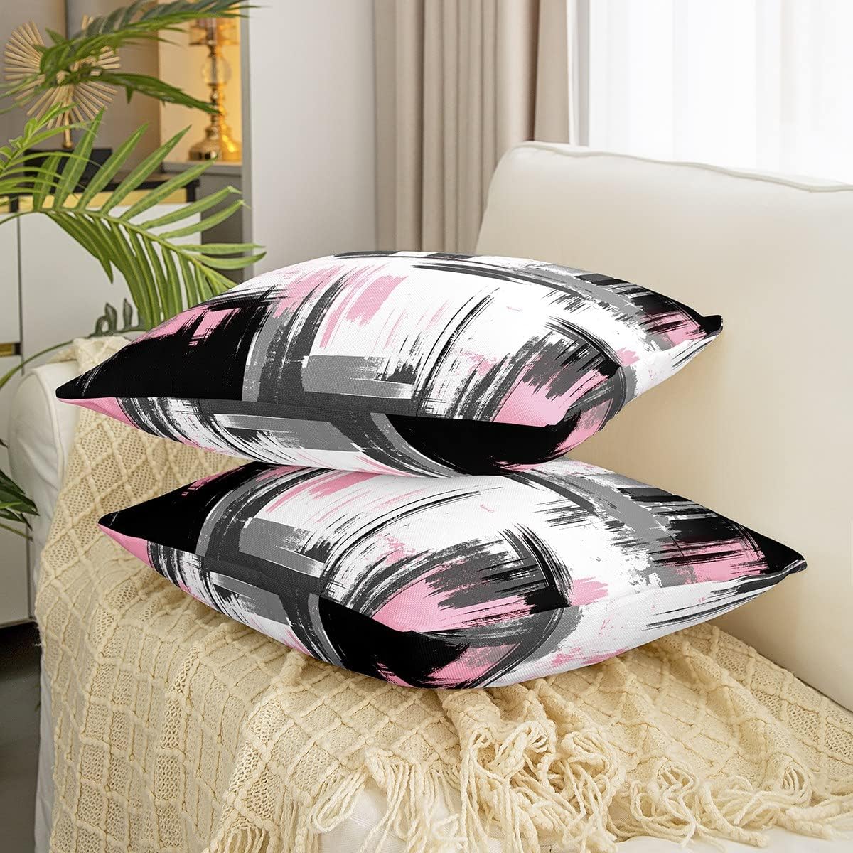 Feelyou Abstract Throw Pillow Covers for Couch Sofa Bed, Set of 2 Modern Abstract Art Decorative Pillows Cushion Covers, Retro Pink White Black Pillow Inserts Not Included, 22x22 inch
