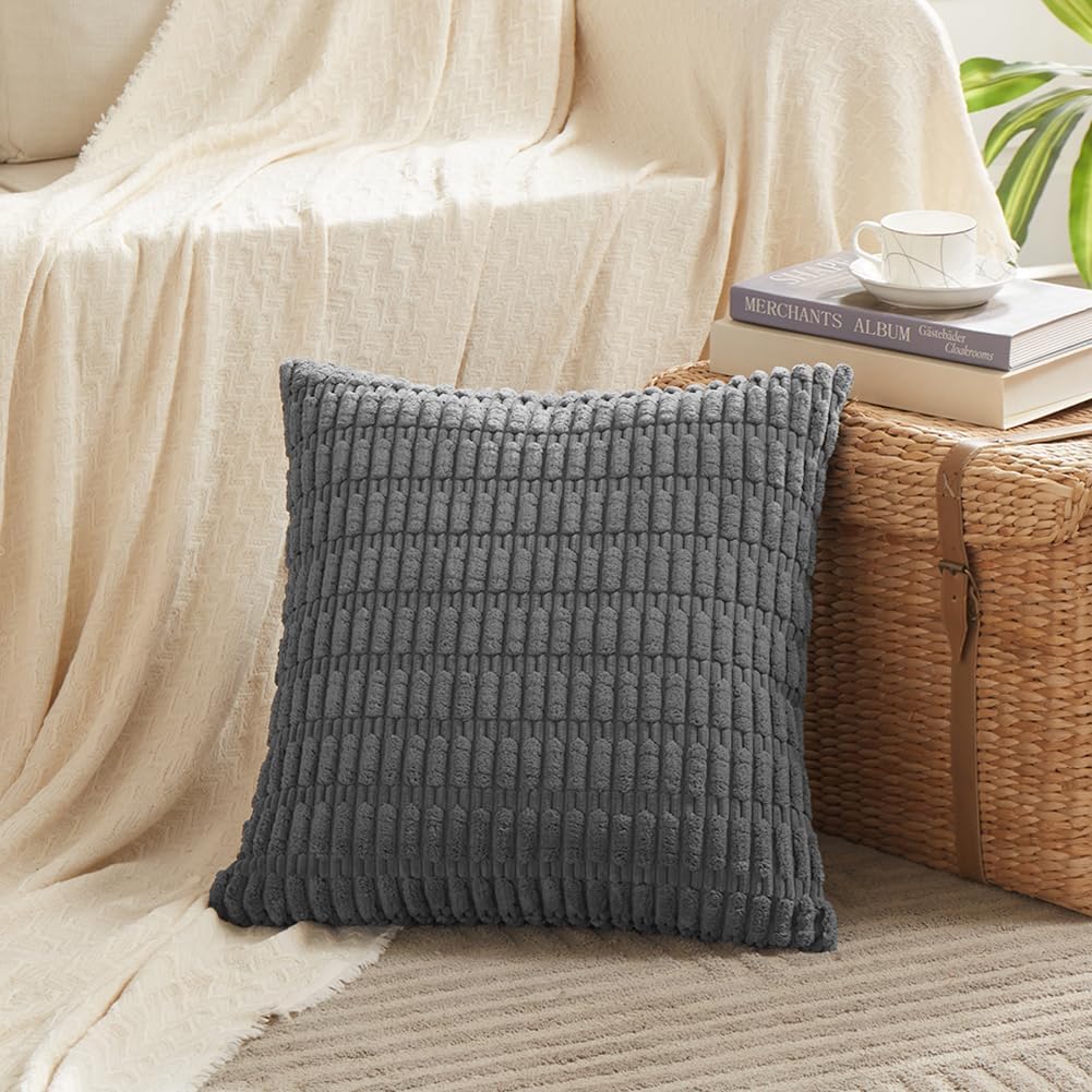 Fancy Homi 4 Packs Dark Grey Decorative Throw Pillow Covers 24x24 Inch for Couch Bed, Rustic Modern Farmhouse Boho Home Decor, Soft Plush Corduroy Gray Cute Square Accent Cushion Case 60x60 cm