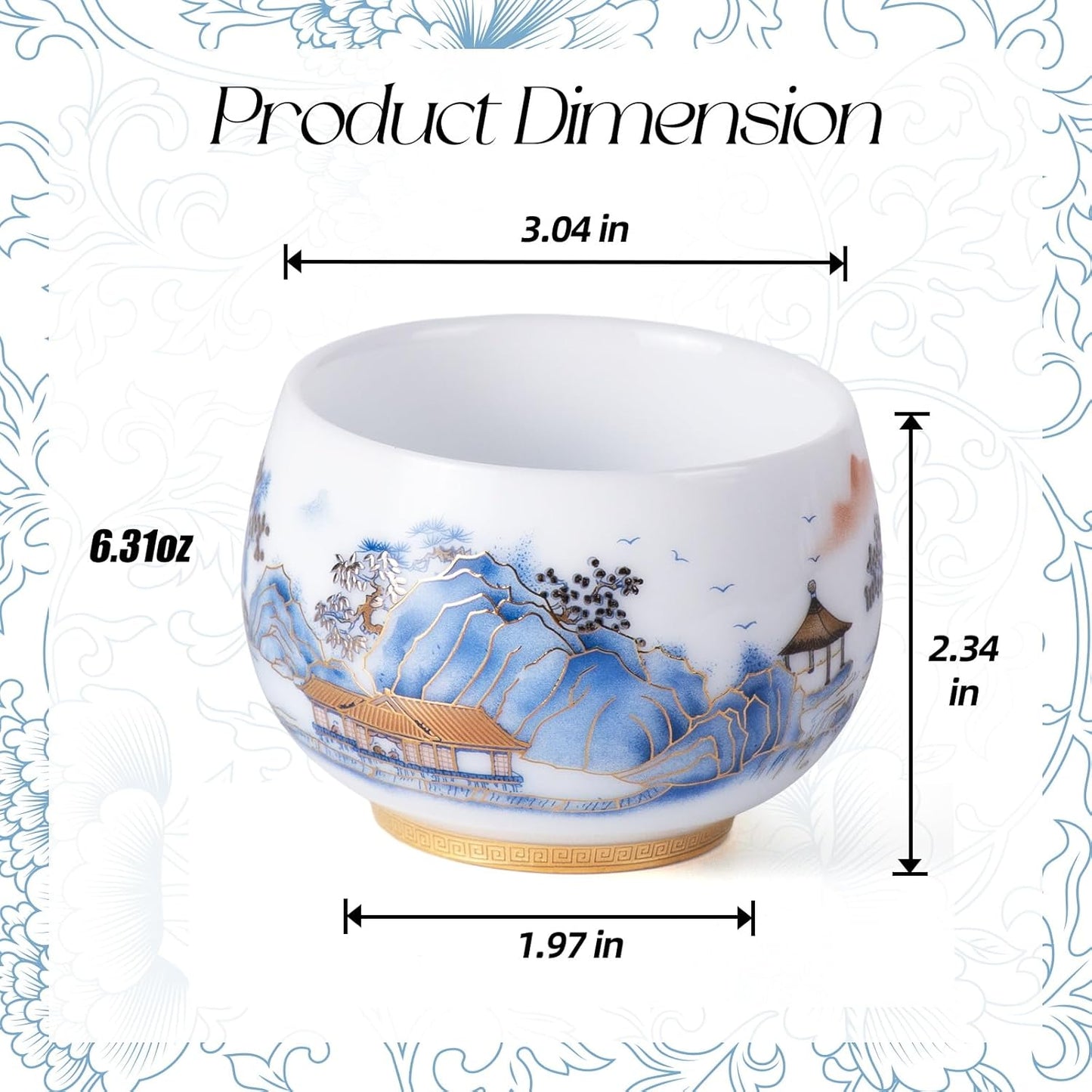 KAMMAK Ceramic Tea Cups Small, Cute Vintage Coffee Cup Set of 2, Porcelain Teacups Espresso Mug, 6.3oz Hand Painted Chinese Afternoon Tea Party Mugs, Birthday Gift for Women Men, Imperial Arhat