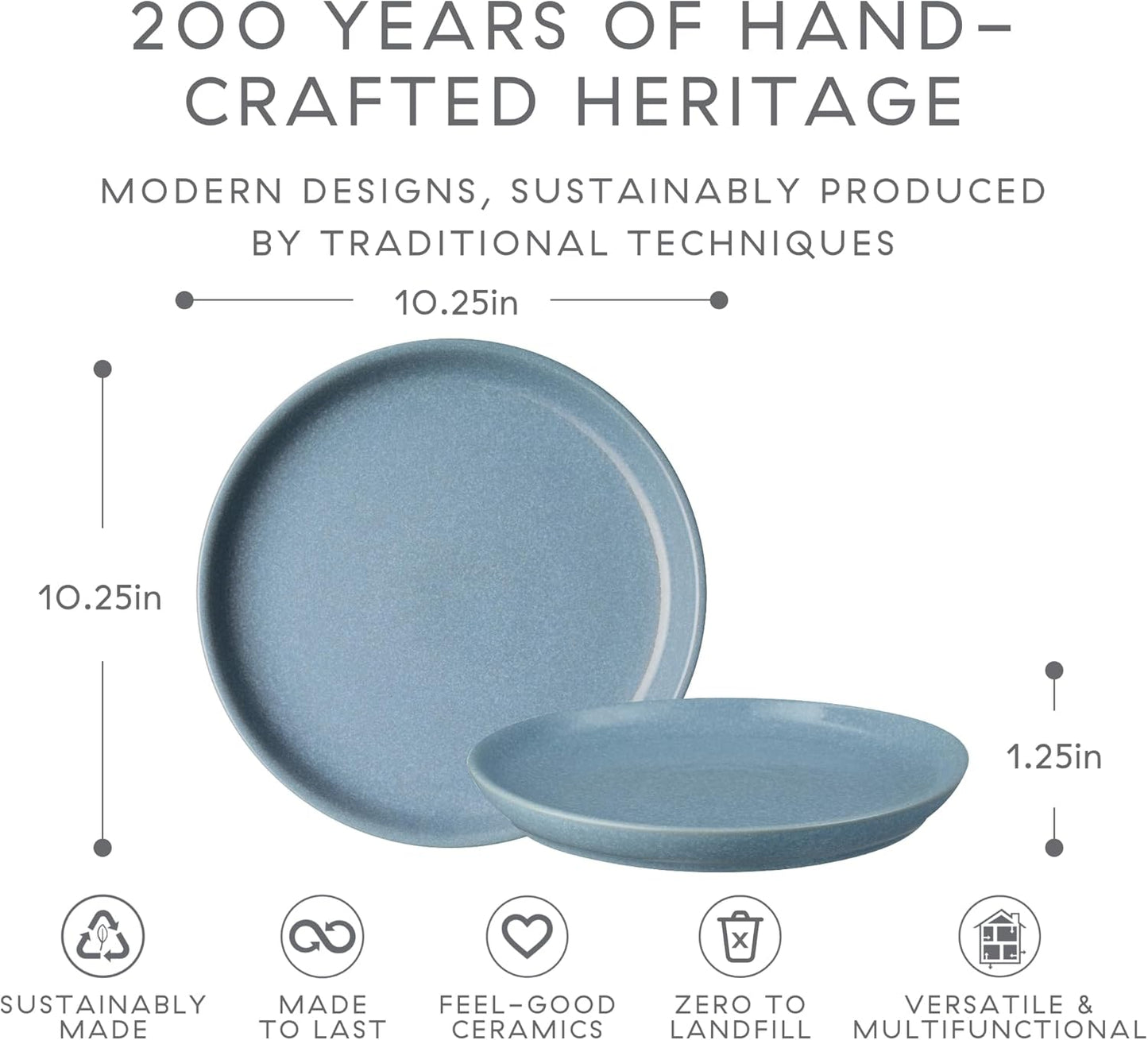 Denby - Elements Blue Coupe Dinner Plates Set of 6 - Dishwasher Microwave Oven Safe - Scratch Chip Resistant - Large Ceramic Stoneware Dinnerware Plates Set