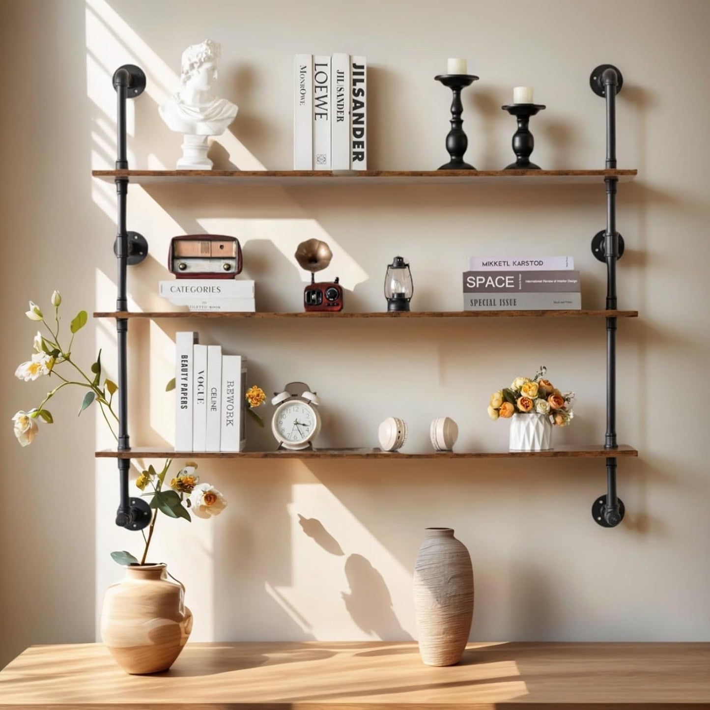 Industrial Pipe Shelving 48inch Wall Mounted, Rustic Floating Shelves with Wood Shelf, 3 Tier Farmhouse Bathroom Shelves Over Toilet, Industrial Pipe Shelf for Kitchen, Living Room Decor