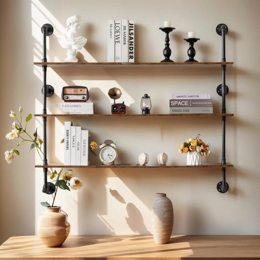 Industrial Pipe Shelving 48inch Wall Mounted, Rustic Floating Shelves with Wood Shelf, 3 Tier Farmhouse Bathroom Shelves Over Toilet, Industrial Pipe Shelf for Kitchen, Living Room Decor