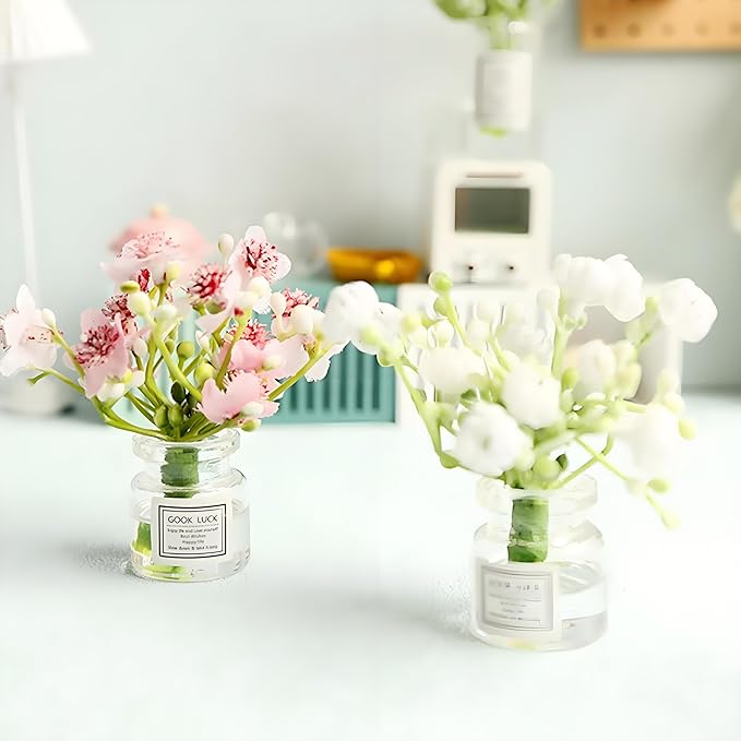 2Pcs Miniature Flower Vases with Peach Blossoms – Handmade Dollhouse Vases for Micro Landscape, Resin Floral Decorations for Fairy Garden Scenes, Home Shelf Styling, DIY Project and Table Centerpiece