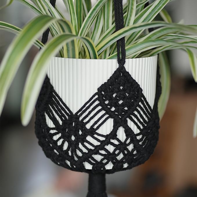 Hanging Planter with Patterns,2Packs Macrame Plant Hangers Indoor Macrame for up to 8 inch Pot Crochet Boho Plant Hanger Holder for Indoor Outdoor with 2S Shaped Stainless Steel Hooks (Black)