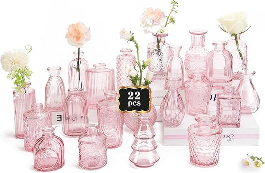 RUCKAE Pink Flower Vase in Bulk 22 Glass Bud Vases Vintage Small Vases for Centerpiece Table Wedding Decorations Home Decor Party (Pink)