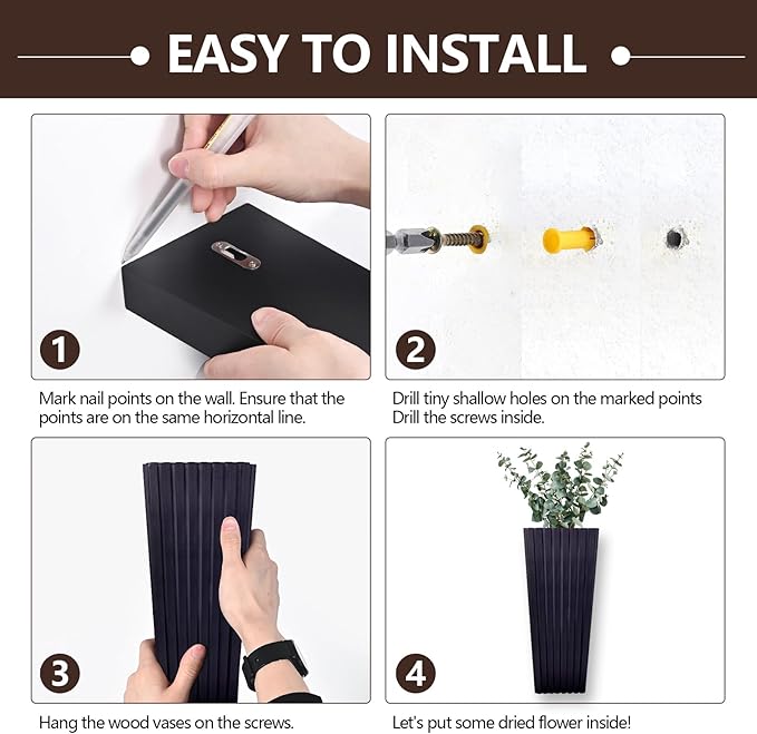 2PCS Wood Wall Planter for Indoor Plants, Wooden Hanging Planter for Dried Flowers and Artificial Greenery Plants,Wooden Pocket Vases,Modern Farmhouse Wood Wall Decor(Black)