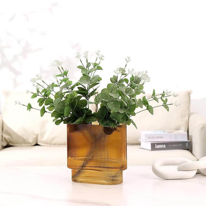 Ribbed Glass Vase, Amber Glass Vase, Fluted Short Vases for Flowers, Modern Vases for Living Room, Dining Room, Bathroom, Desk, Shelf, Wedding, Office, 7 Inches