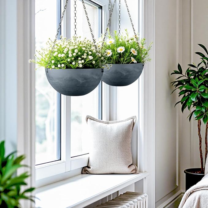 Marble Pattern 10 Inch Hanging Planter for Indoor Outdoor Plants, 2 Pack Hanging Planter Basket for Garden Home Decor Use (Gray)