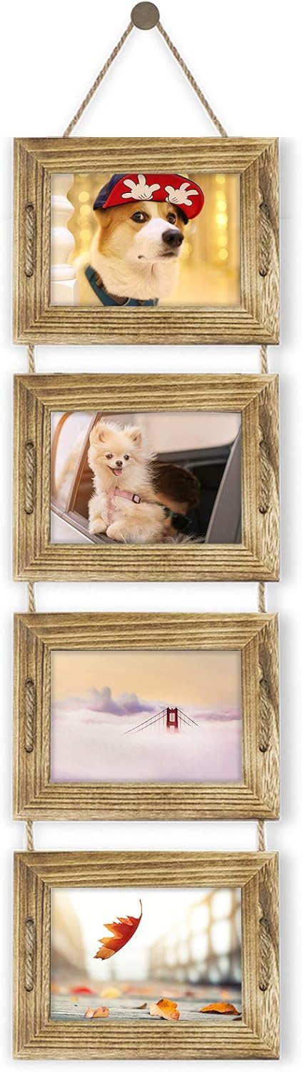DLQuarts 5x7 Hanging Picture Frames Collage Wall Decor, 4-Opening 5x7 Matted to 3.5x5 Photo Rustic Wood Frame with Hemp Rope, 1 Pack, Carbonized Brown