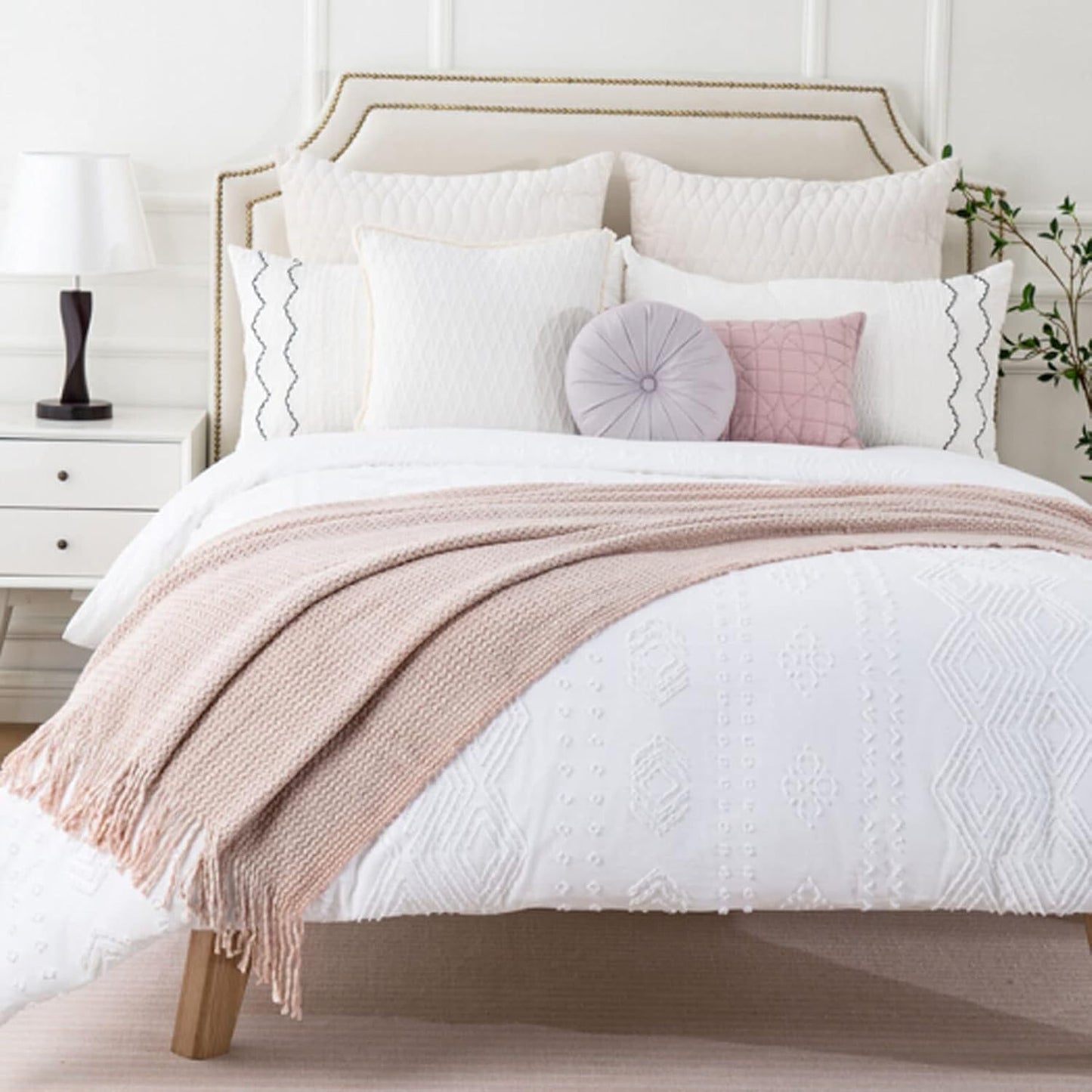 Blagic Knitted Throw Blanket for Couch,Soft Farmhouse Throw Blanket with Tassels,Home Decorative Lightweight Throw Blankets,Throws for Bed/Chair/Sofa,Wheat Textured (Light Pink & White,50" W x 60" L)