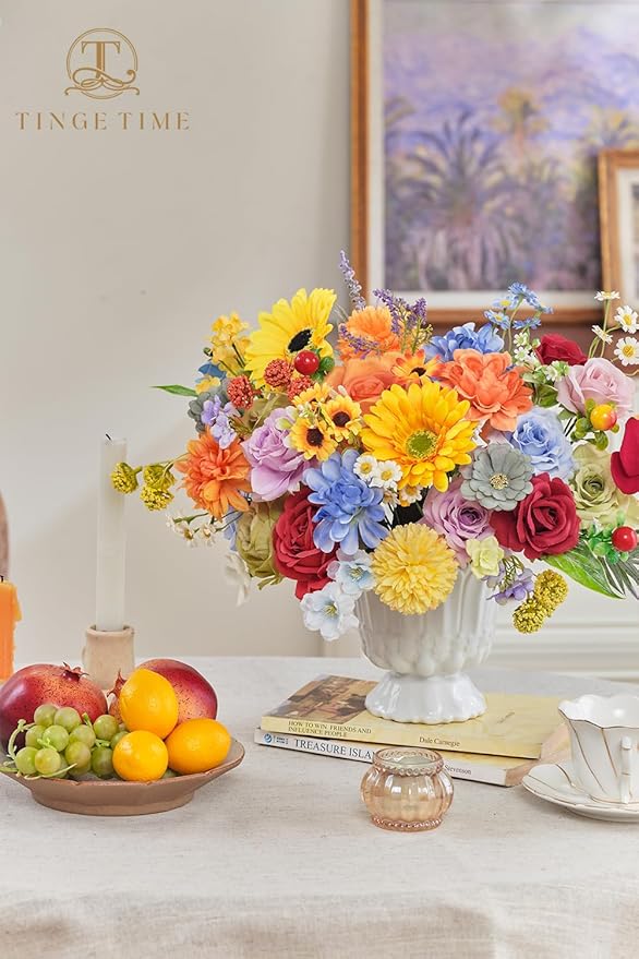 TINGE TIME Fake Flowers Artificial Flowers Peonies Bulbous Chrysanthemum Daisy Hydrangea Sunflower Violets Dahlia Daffodils Epiphyllum Orchid Cherry Blossom Camellia Leyaron (Rainbow Colorful)