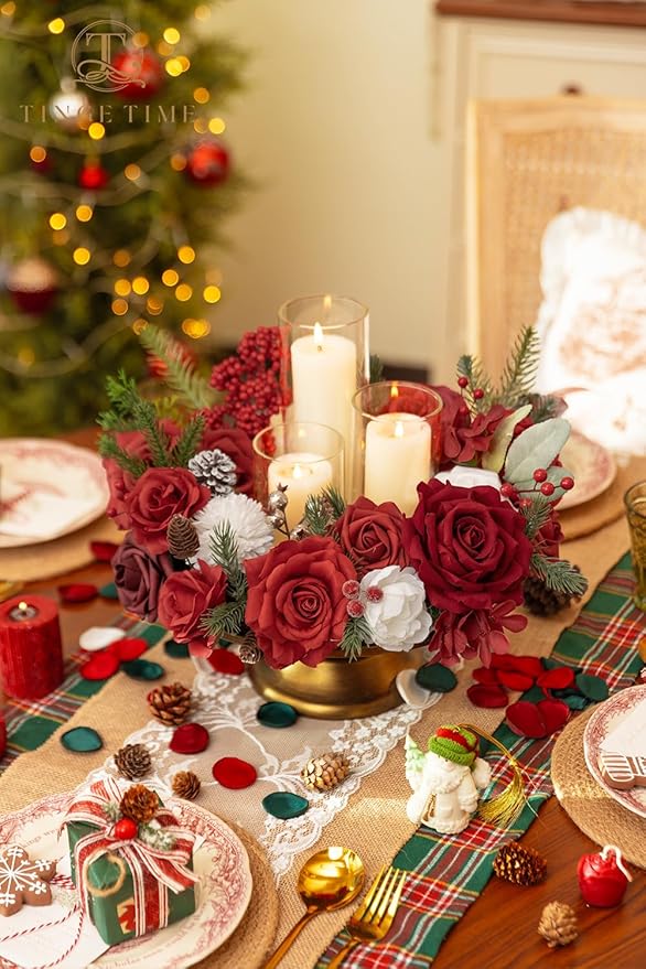 TINGE TIME Artificial Flowers Poinsettia Faux Flowers Bulk for DIY Bridal Wedding Bouquets Baby Shower Centerpiece Table Home Decorations