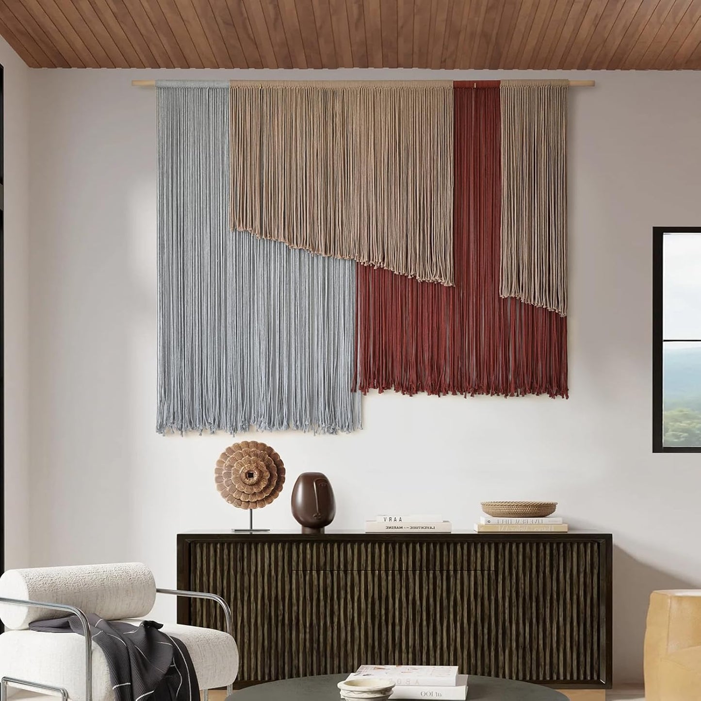 Jakalin Macrame Wall Hanging Large 57" Wx43 L Fiber Wall Art Modern Yarn Boho Wall Decor for Headboard Living Room Gallery Couch Bedroom Decor