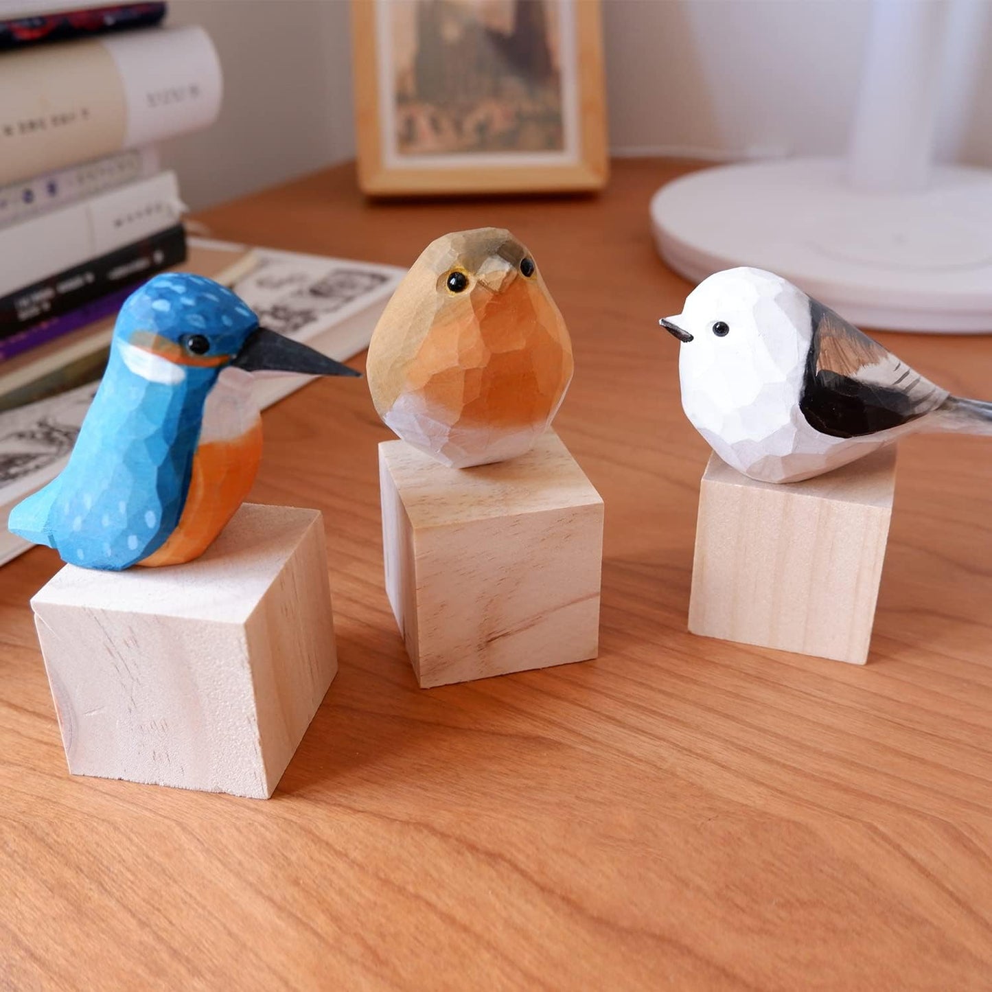 Handmade Wooden Carved Bird Decor Sculpted Hand-Painted Bird Figurines Small Home Decor Bird Statue Shelf Decor BFF Gifts for Bird Lovers (Suit-New)