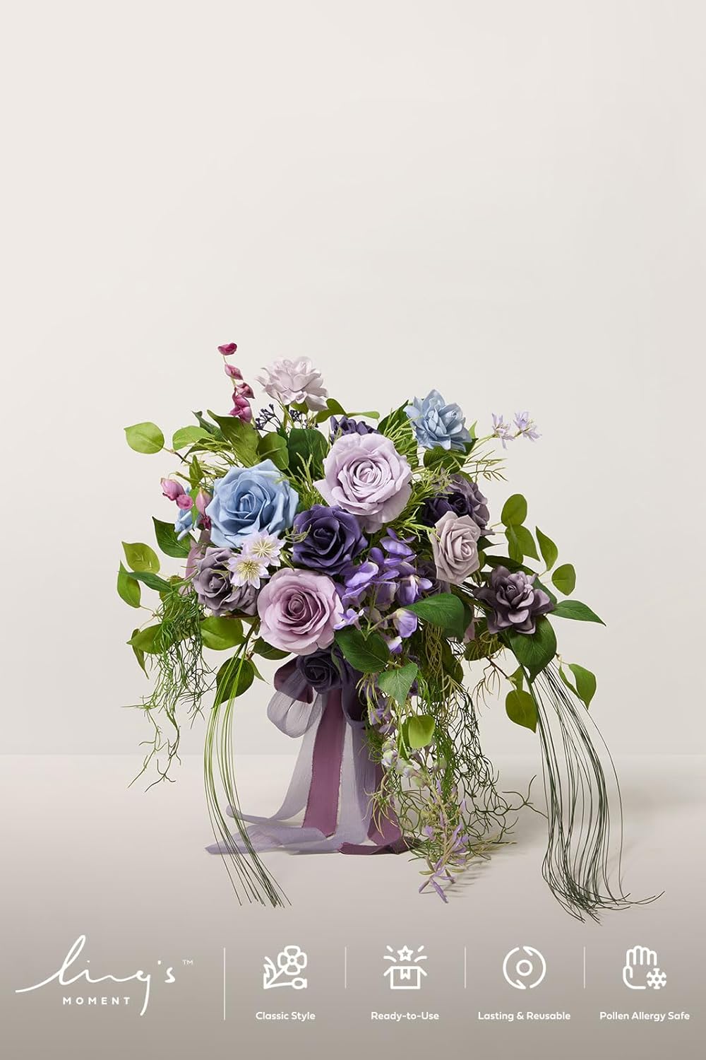 Ling's moment Purple Blue Wedding Bouquets for Bride, Lilac Bridal Bouquets for Bride, 13 Inch Free Form Artificial Wedding Flower Bouquet