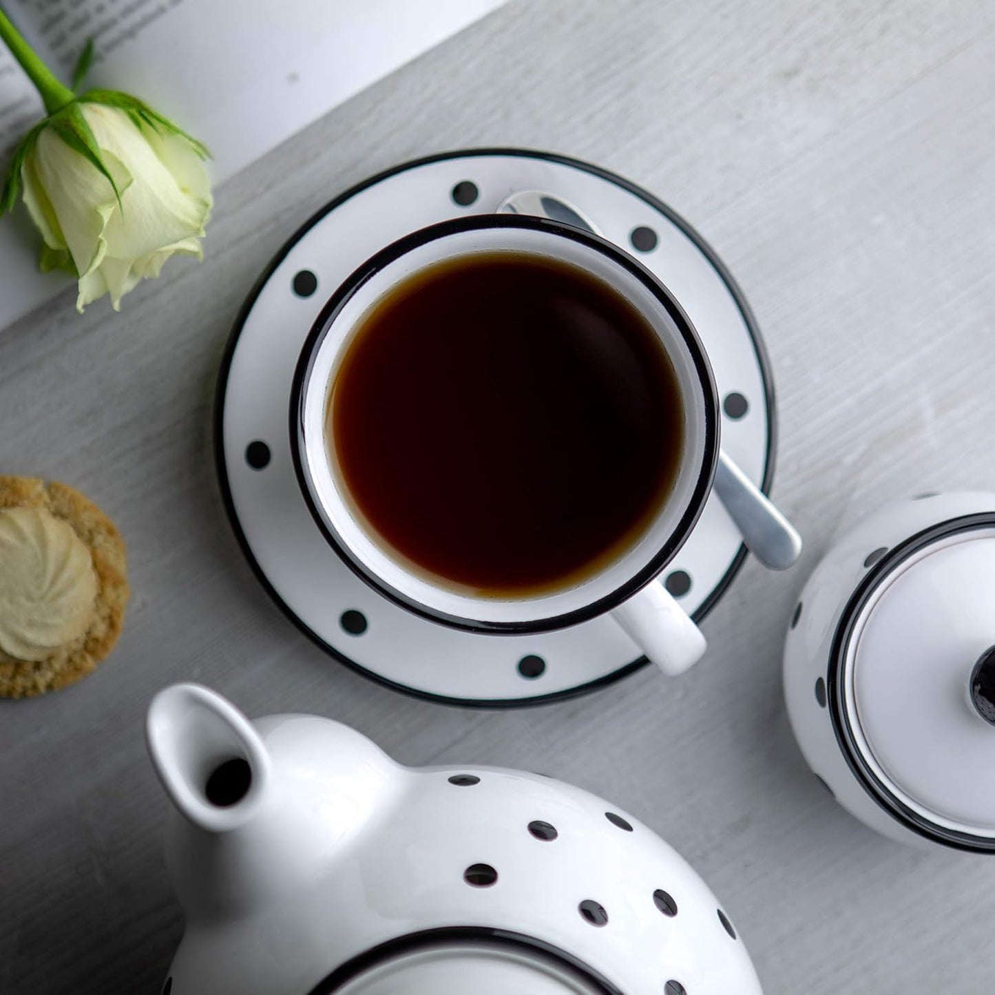 City to Cottage Handmade White And Black Polka Dot Large Ceramic 12oz/350ml Cappuccino Coffee Tea Cup and Saucer, Unique Designer Pottery Gift for Tea Lovers