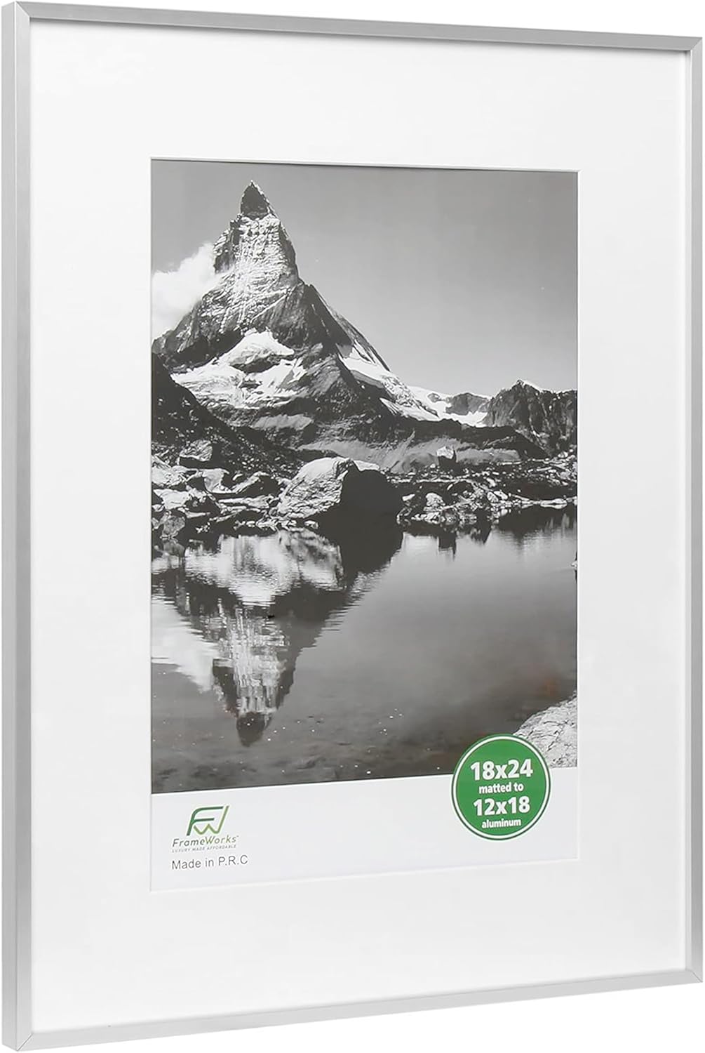 FrameWorks 18x24 Matted to 12x18 Picture Frame – Aluminum Frame w/Tempered Glass, Removable Mat for Photos, Poster, Art, Stylish Wall Frame for Home Decor, Gallery Walls, Office, Living Room - Silver