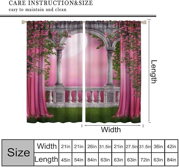 Pink Gothic Blackout Curtains，Vintage Romantic Roses Medieval Castle Pattern Drapes Window 2 Panel Rod Pocket Curtain for Bedroom Living Room Decor 21" W X 54" L