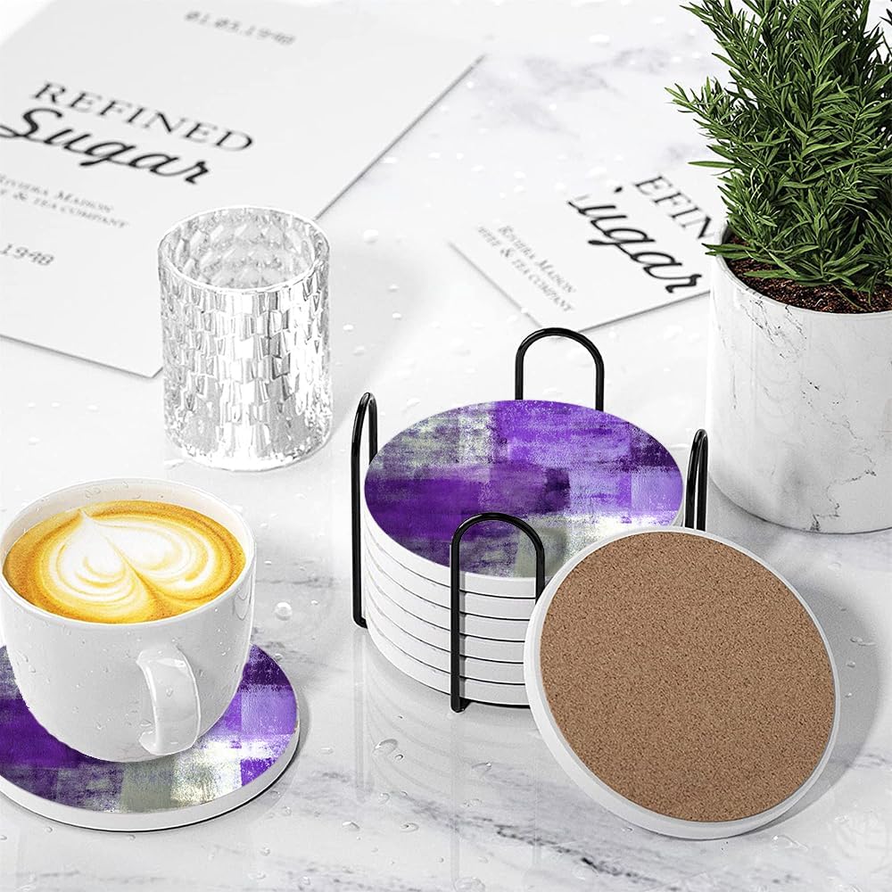 LOKMU Coasters for Drinks,Round Absorbent Ceramic Stone Coaster Sets of 6 with Metal Holder Stand,Purple and Grey Abstract Art Coasters with Cork Base for Coffee Wooden Table,Housewarming Gifts