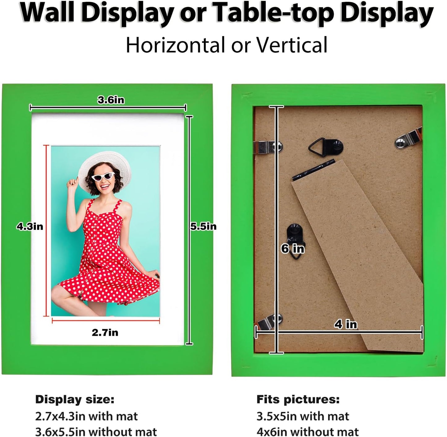 KINLINK 4x6 Frame Green Grass, Solid Wood 4 x 6 Picture Frame with Acrylic Plexiglass for 3.5x5 with Mat, Tabletop and Wall Display Photo Frames 4x6 Green Bright, 4 Pack