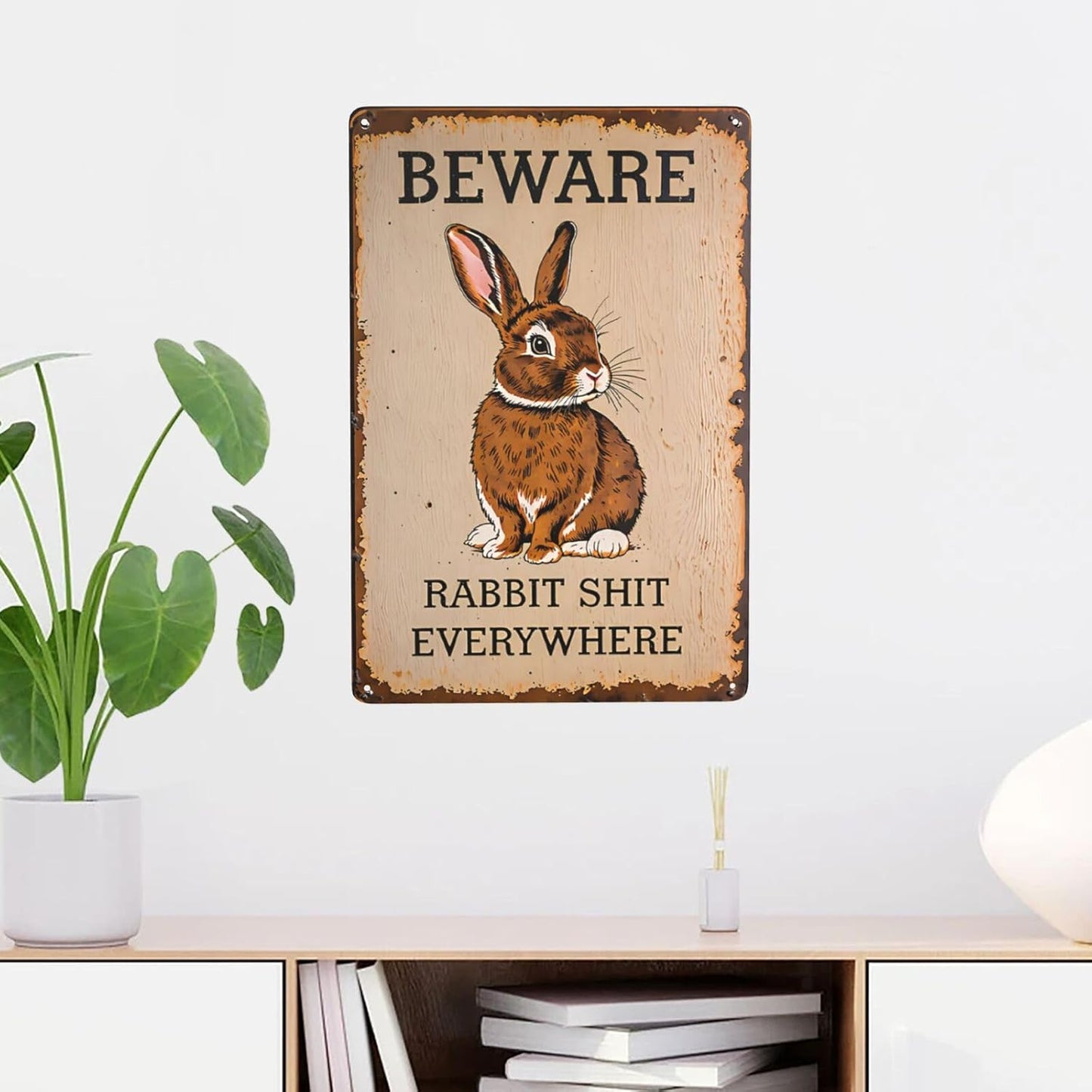 Funny Metal Tin Sign Rabbit Beware Rabbit Shit Everywhere Shop Farm Cafe Garage Home Decor Outdoor Indoor Wall Panel Retro Vintage Poster 8x12 Inch