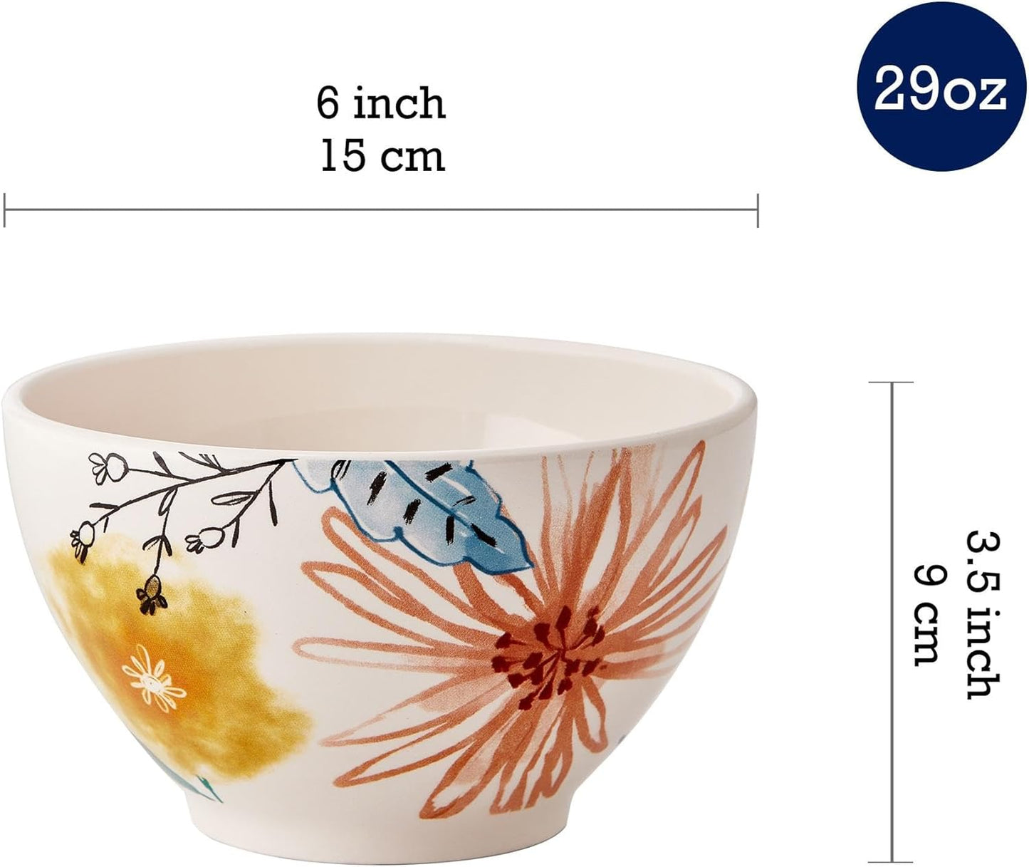 Bico Blossom Symphony Cereal Bowls Set of 4, 29 oz Deep Ceramic Soup Bowls for Cereal, Salad, Noodles, Kitchen, Microwave and Dishwasher Safe, Gift for Housewarming and Thanksgiving