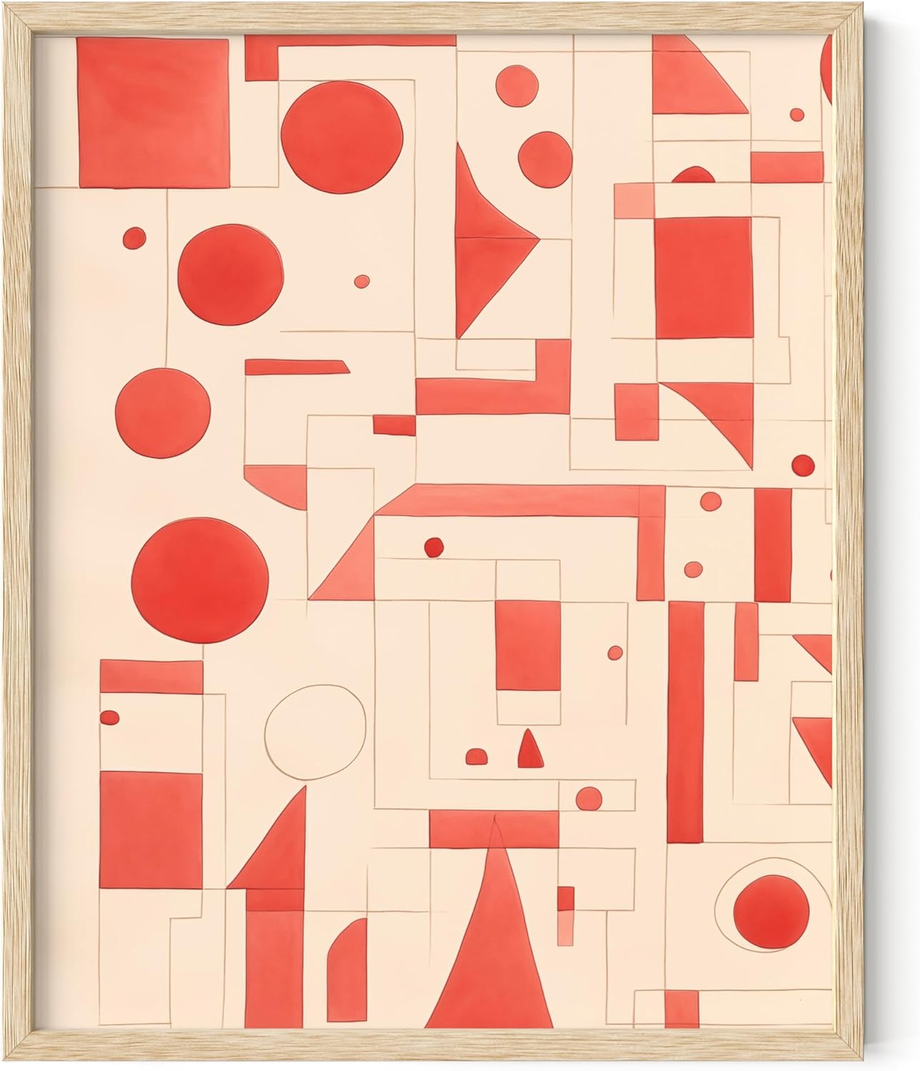 HAUS AND HUES Colorful Abstract Wall Art - Minimalist Retro Picture for Living Room Decor, Red and Pink Modern Wall Art Painting (Red Geometric, Beige Frame, 8x10)