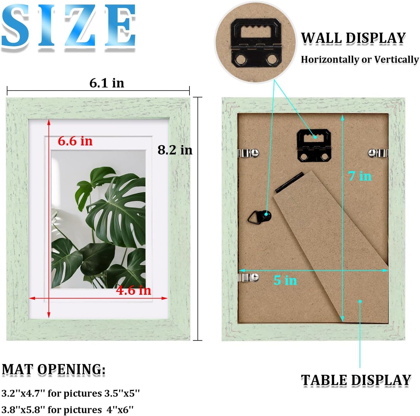 Egofine 5x7 Picture Frames Set of 4, Made of Solid Wood Covered by Plexiglass 3.5x5 and 4x6 with Mat or 5x7 without Mat, for Table Top Display and Wall Mounting Photo Frame Rustic Green
