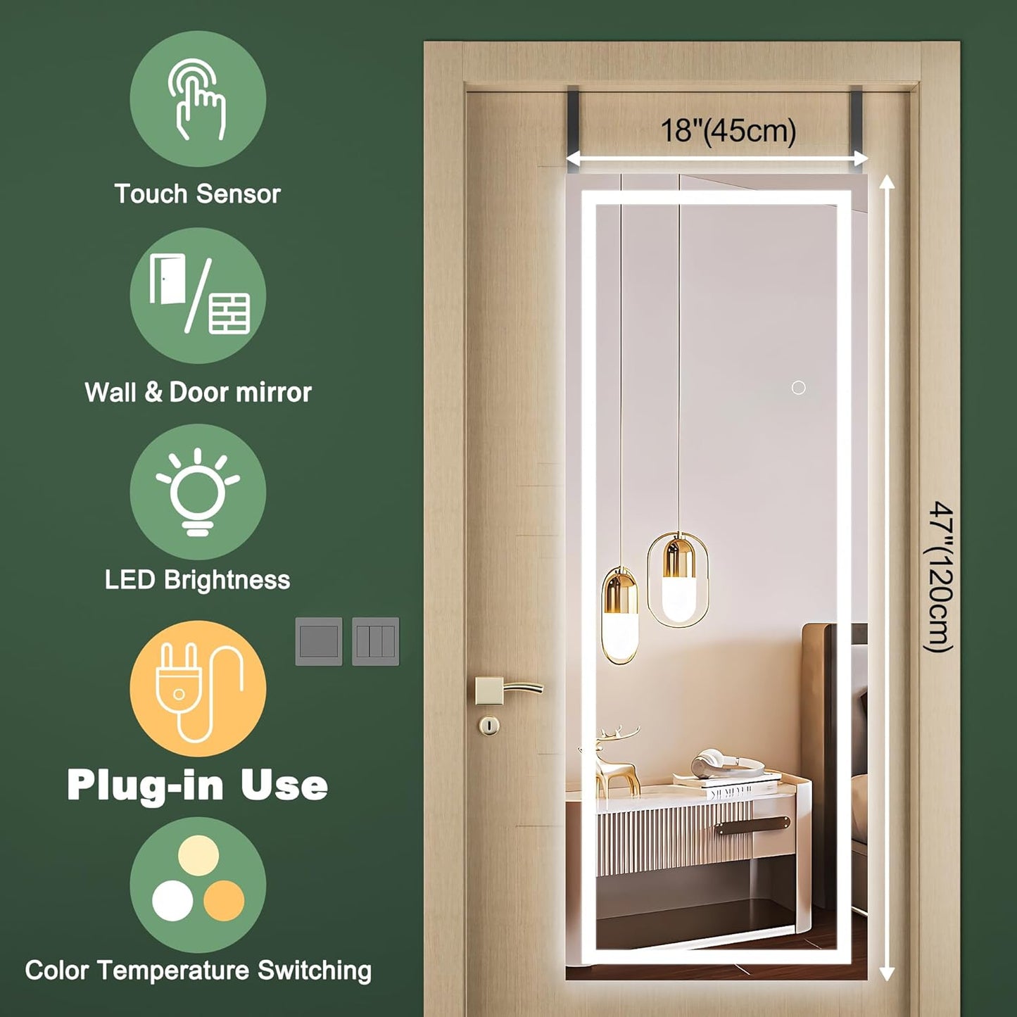 Hasipu LED Door Mirror Full Length, 47 x 18 Inch Full Body Wall Mirror Over The Door Hanging Mirror for Bedroom, Living Room, Cloakroom Right Angle