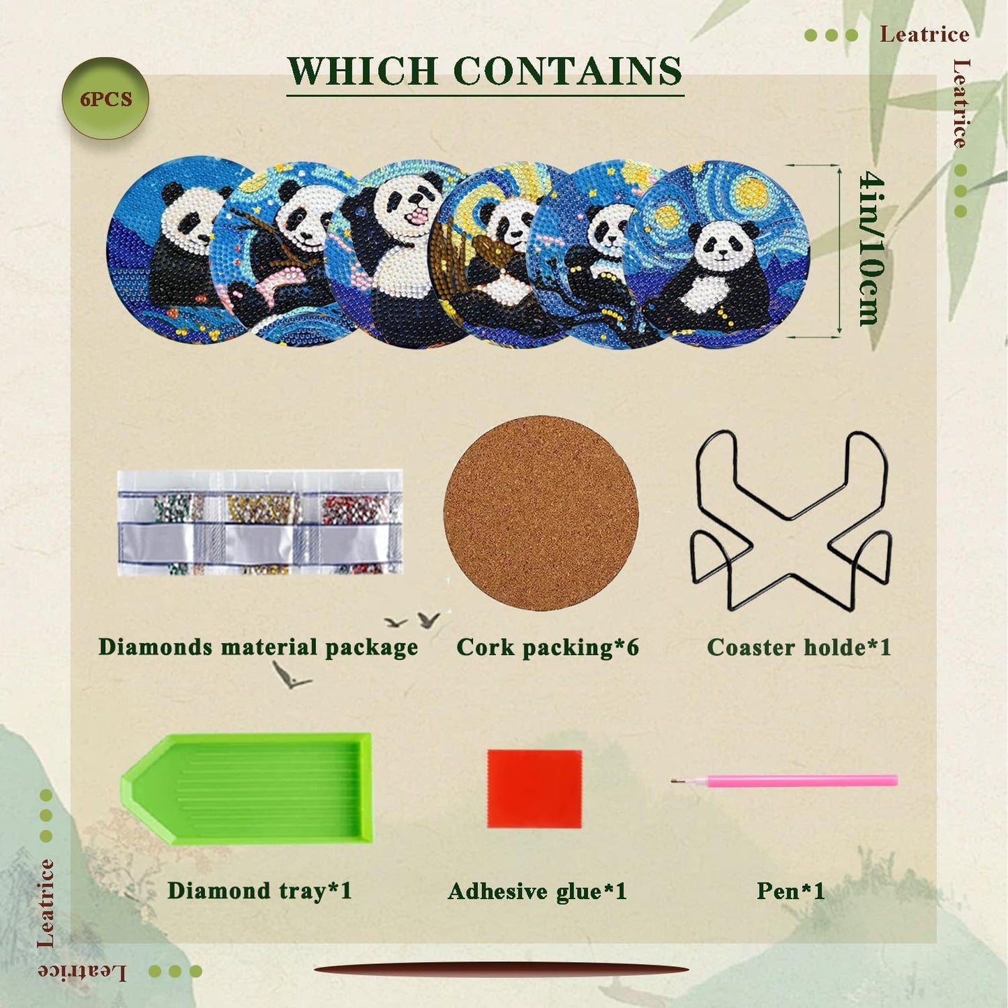 Leatrice 6PCS Panda Diamond Art Coasters Small Diamond Painting Kits for Adults Diamond Dots Round Full Drill Diamond Coasters with Holder Easy Art Crafts for Beginners Women Gifts