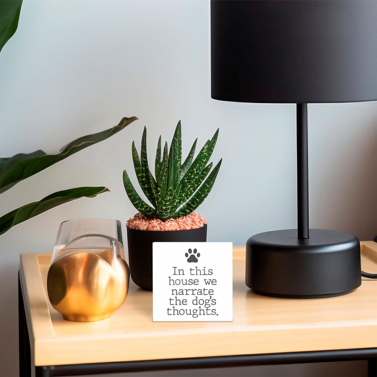 Dog Paw Wooden Block Sign - In This House We Narrate The Dog's Thoughts - Dog Theme 4"X4" Decorative Pine Wood Plaque, Home & Office Desk Decor, Dog Lover Gift, Room Tabletop, Shelf Accessories - A04
