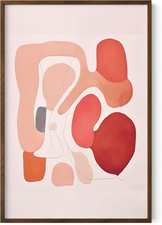 HAUS AND HUES Colorful Abstract Wall Art - Minimalist Retro Picture for Living Room Decor, Red and Pink Modern Wall Art Painting (Pink Abstract Shapes, Walnut Frame, 24x36)