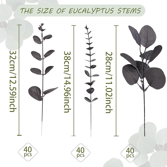 120 Pcs 3 Kinds Mixed Artificial Eucalyptus Stems Faux Eucalyptus Leaves Branches Black Flower for Halloween DIY Bouquets Floral Arrangement Wedding Home Decor