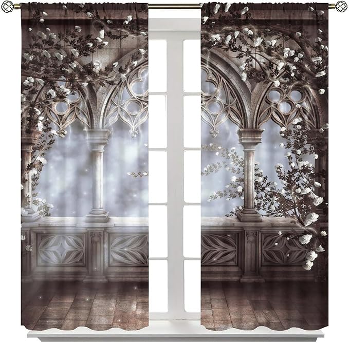 Vintage Castle Blackout Curtains，Gothic Style Romantic Mid-Century Pattern Drapes Window 2 Panel Rod Pocket Curtain for Bedroom Living Room Decor 36" W X 63" L