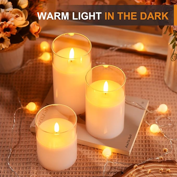 Glass Battery Operated LED Flameless Candles with Remote and Timer, Real Wax Candles Warm Color Flickering Light for Festival Wedding Home Party Decor(Pack of 3)-White