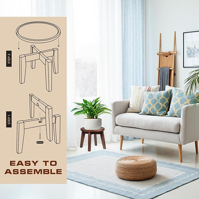 Demigo Indoor Plant Stand, Acacia Wooden Decorative Plant Shelf with Spill-Proof Tray, Stable 8” Tall Flower Holder for Heavy Pots, Gardening Display for Decor Living Room Patio - Dark Brown