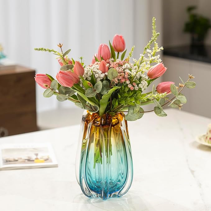 Hand Blown Glass Flower vases, Unique Glass vases, Wide Mouth vases, Small Modern Art Deco Glass vases for Home Living Room, Office, Table centerpieces, Bookshelves and Wedding Decorations