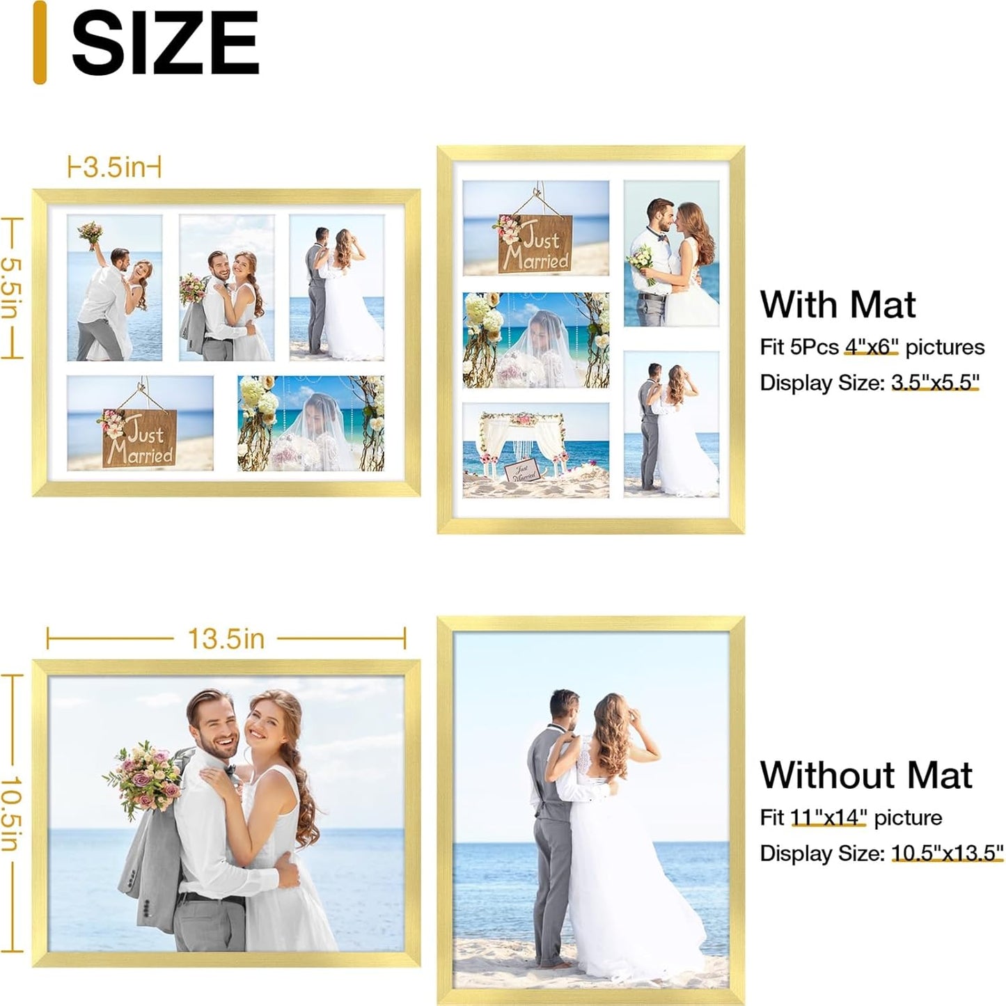 decorUhome 11x14 Picture Frames Collage Wall Decor, Display 5Pcs 4x6 Photos with Mat or 1Pcs 11x14 Unmatted, 5 4x6 Collage Picture Frames for Wall Mounting, Gold