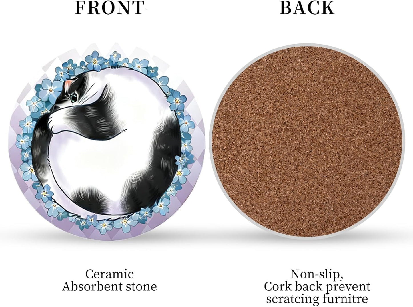 Coasters Absorbent Ceramic Coaster Drink Coasters with Cork Back Lazy Cats Set of 6 Round Coaster Non Slip for Coffee Table Wine Glass Home Bar 4 Inch, Cute