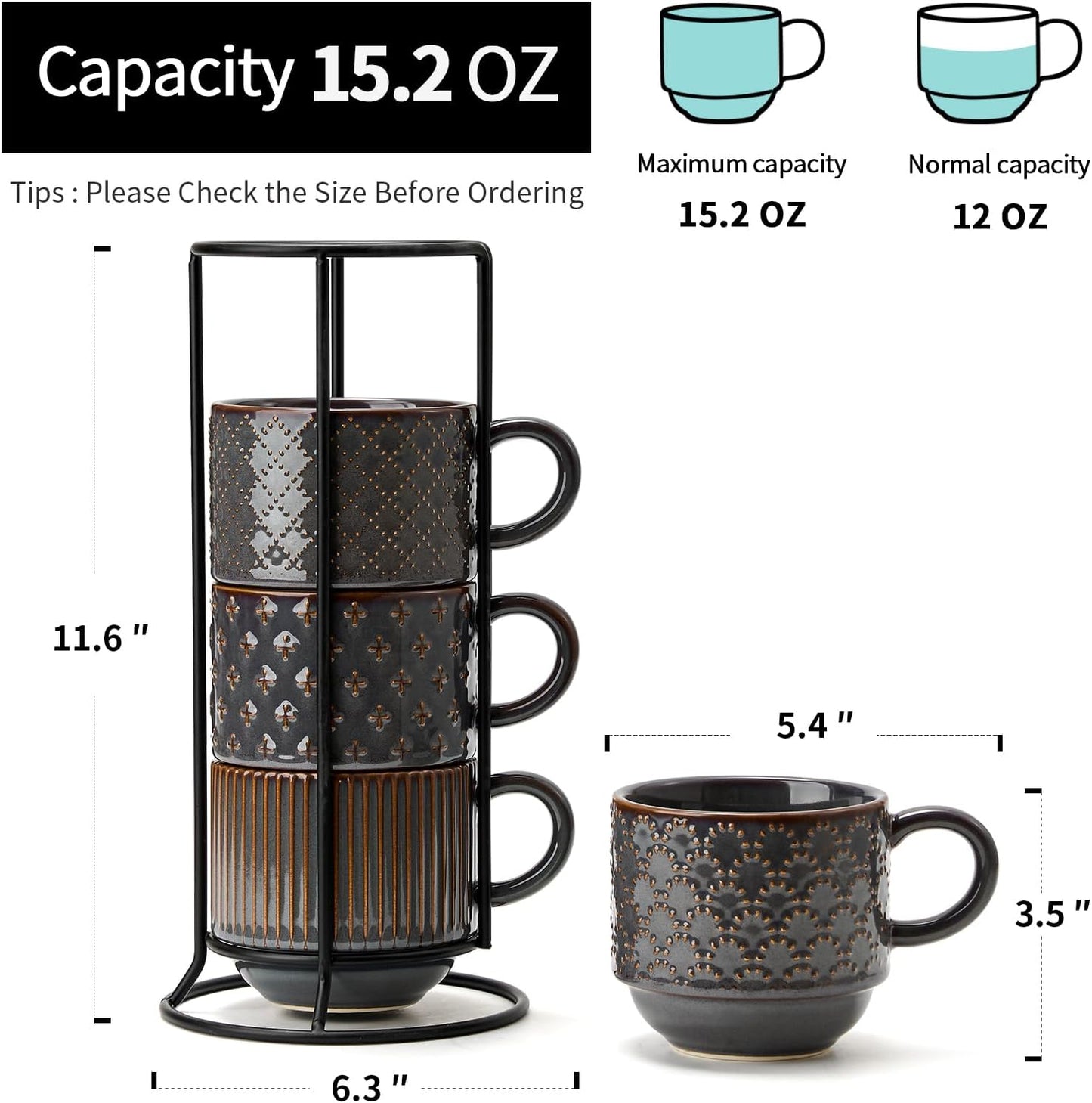 JIEMEI HOME Large Ceramic Coffee Mug Set of 4 with Stand, 15 Oz Stackable Embossment Ribbed Latte Cup Set for Cappuccino, Latte, Tea, Hot Cocoa, Drinks - Dishwasher & Microwave Safe, Dark Purple