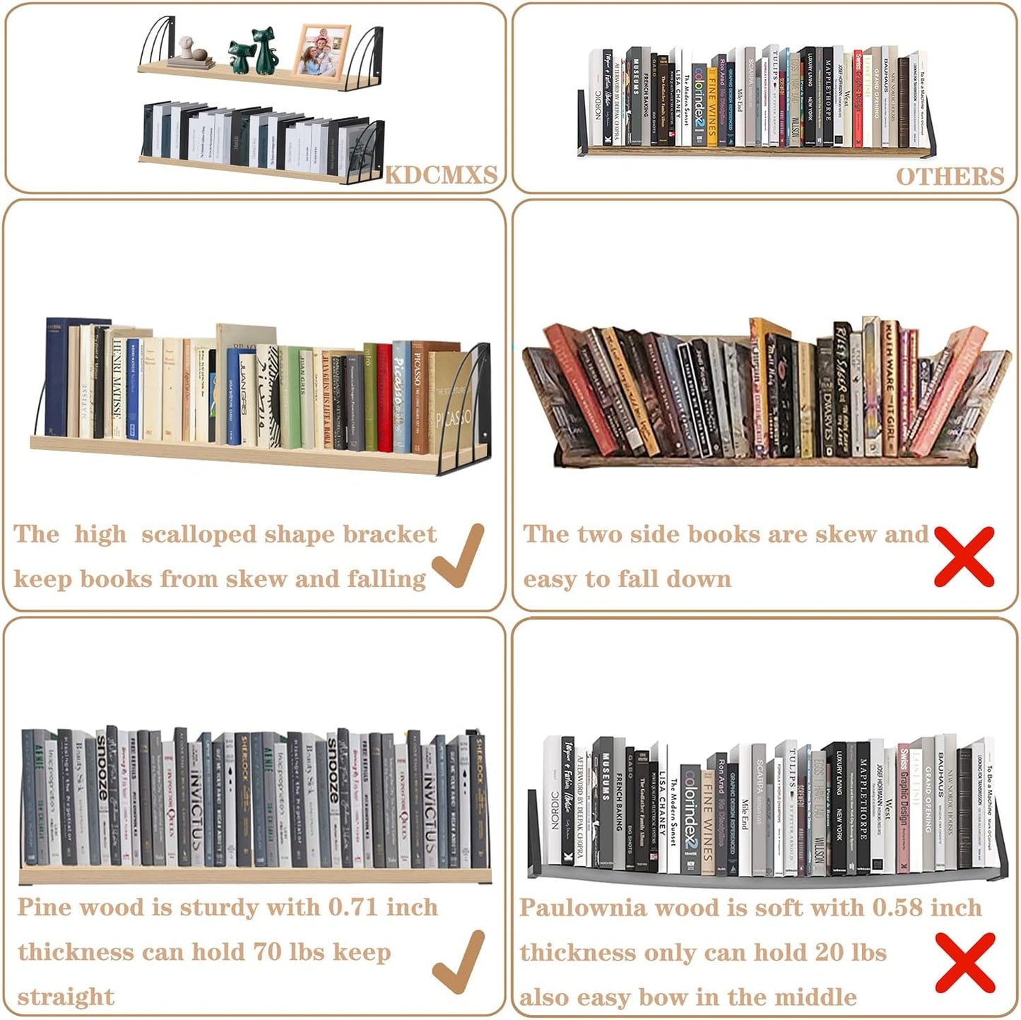 Long 48 Inch Oak Wall Bookshelf- Curved Fan-Shaped Design with Built-in Anti-Slip Book Stops|0.71" Thicker Heavy Duty White Oak Floating Shelves|Floating Book Shelf for Wall,Home Décor Set of 2