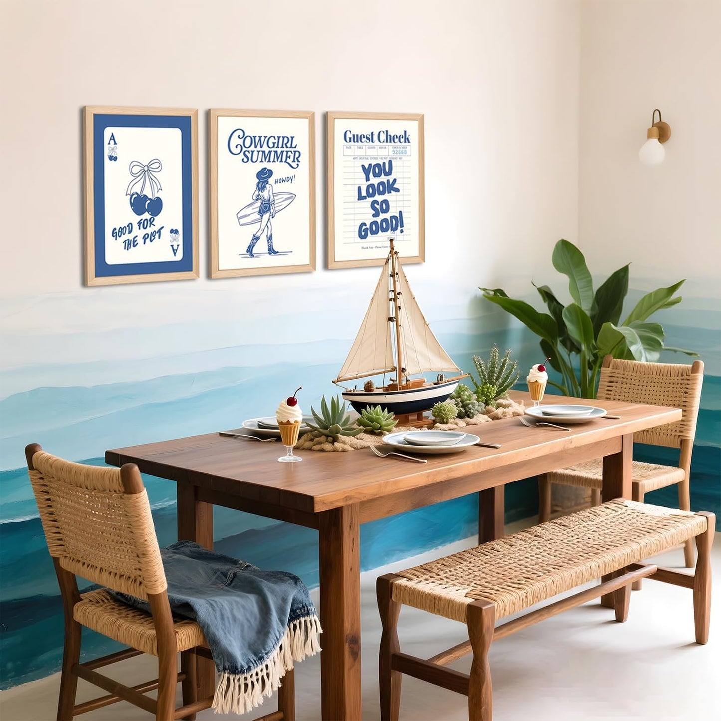 Blue Preppy Canvas Wall Art Set of 3, Coastal Cowgirl Pictures Wall Decor Paintings, Trendy Cherry Guest Check Poster Prints Aesthetic Home Decor for Teen Girls Bedroom Dorm 12x16 inch Framed