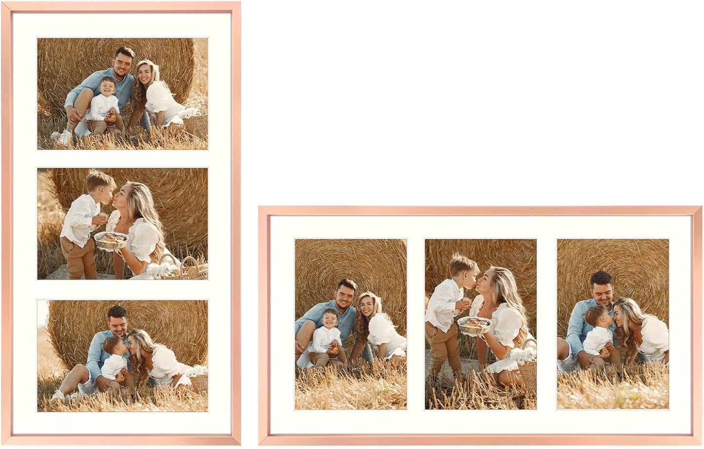 Frametory - 8.5x16.3 Aluminum Collage Picture Frame - Display 5x7 Pictures with 3 Openings Mat - Real Glass Front - Horizontal/Vertical Wall Mount - Rose Gold 1 Pack