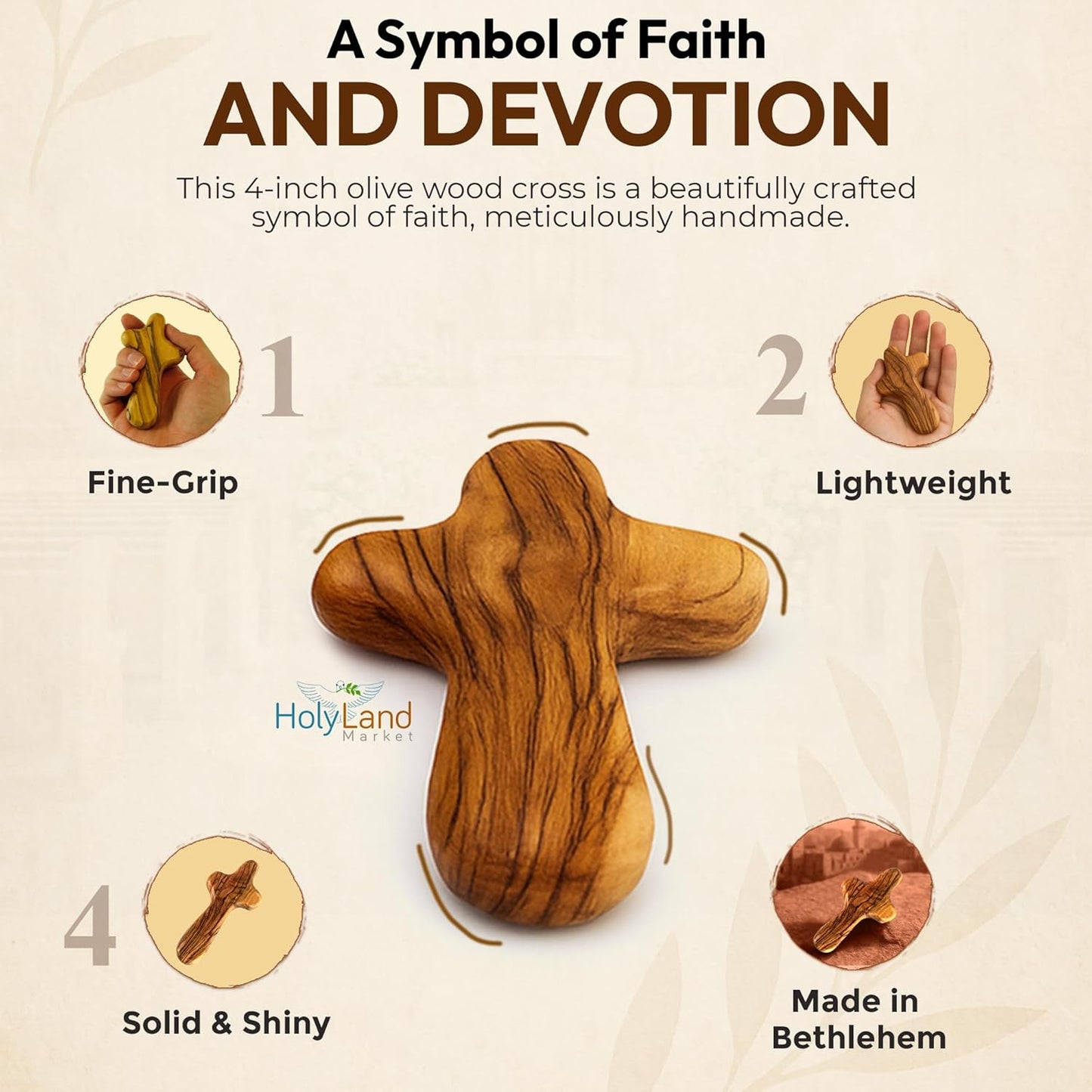 Holy Land Market Wooden Hand Cross - Olive Wood Comfort Cross, Palm Sized with Velvet Bag & Certificates (4 in) (2 Packs)